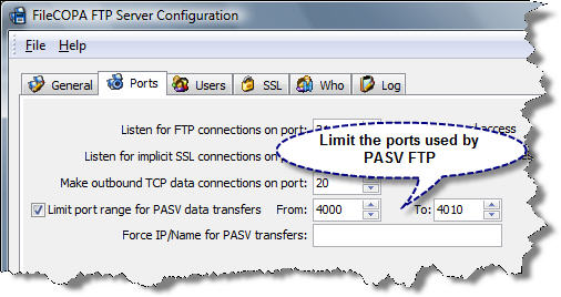 Configuring a PASV FTP Port Range in the FTP Server Software