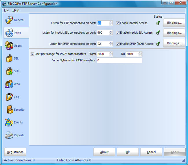 FileCOPA Port Configuration Screen
