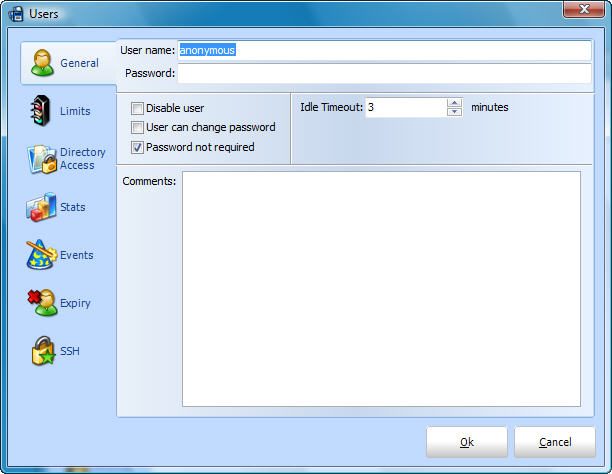 FileCOPA FTP Server General User Configuration Screen