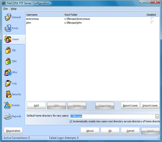 FileCOPA User Configuration Screen